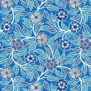 32 Soft Spring- Victorian Floral- Off White on Bluebell Blue- Climbing Vine with Flowers- Petal Signature Solids- Bright Blue- Natural- William Morris Wallpaper- Mini