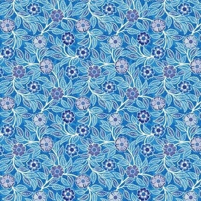 32 Soft Spring- Victorian Floral- Off White on Bluebell Blue- Climbing Vine with Flowers- Petal Signature Solids- Bright Blue- Natural- William Morris Wallpaper- Micro