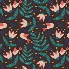 Pink Birds and Flowers on Dark Brown Background // 4x4