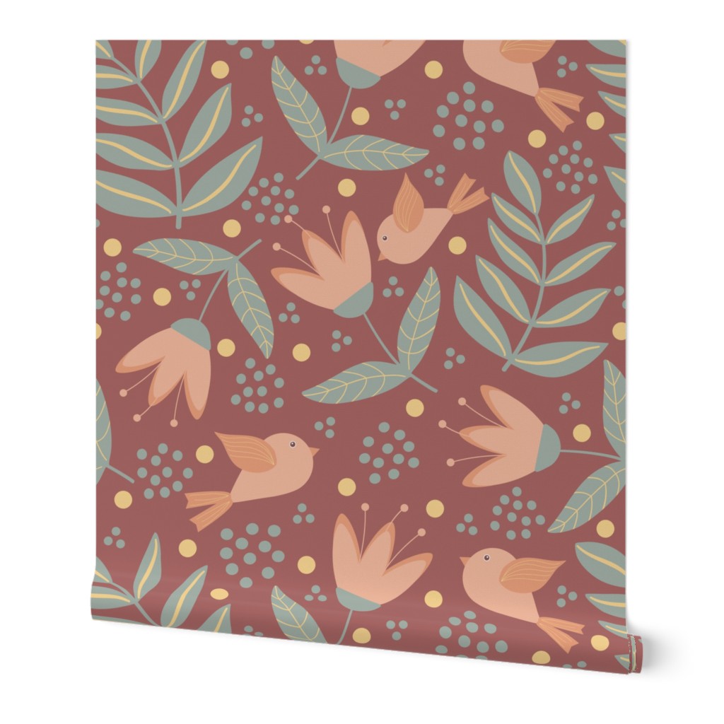 Peach Birds and Flowers on a Dusky Background // 4x4