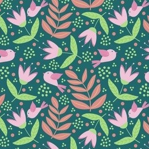Pink Birds and Flowers on a Green Background // 4x4