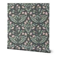 Fables // Enchanted Garden Blooms // Rose Pink, Sage Green on Charcoal // Medium 