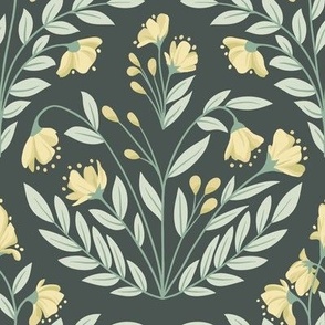 Fables // Enchanted Garden Blooms // Mustard Yellow, Sage Green on Charcoal // Medium 