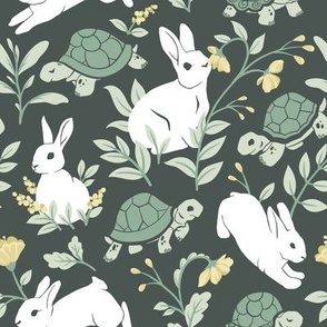 Fables // Tortoise & Hare // Turtle Bunny // Sage Mustard on Charcoal //  Medium 