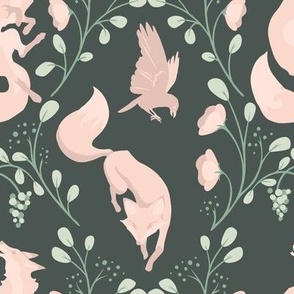 Fables // Fox & the Crow / Grapes // Rose Pink & Sage Green on Charcoal // Medium 