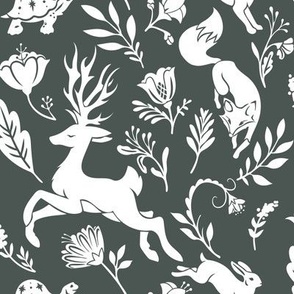 Fables // White Stag, Fox, Tortoise & Hare // Charcoal & White // Medium 