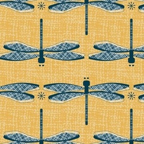Prussian Blue Dragonflies with Textured Wings on Sunray Yellow Textured Background Hand drawn circles and lines in pastel colors Medium Scale