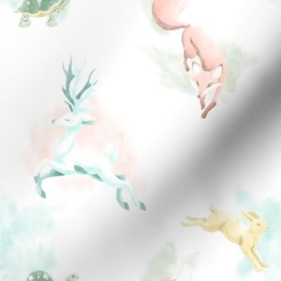 Fables Watercolor // White Stag, Fox, Tortoise & Hare on White //  Medium 