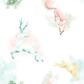 Fables Watercolor // White Stag, Fox, Tortoise & Hare on White //  Medium 