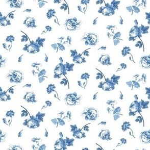 Tiny Rose Floral English Cottage Garden Blue and White MEDIUM 7 x 7