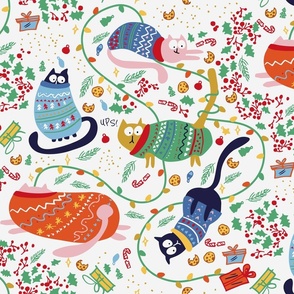 Pink, yellow, black Christmas Cats in Colorful Ugly Sweaters on Ecru White