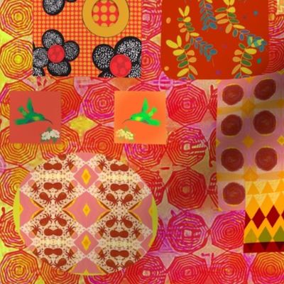A Collage of Clashing Patterns: Reds, Pinks, Oranges, Yellows