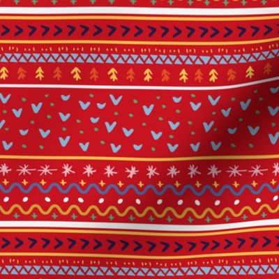 Ugly Christmas Sweater Multicolor pattern with hearts and stars over Holiday red