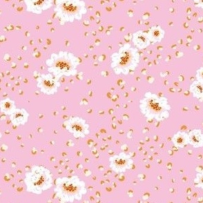 Ditsy boho daisies with a leopard print background in lilac, pink and orange shades