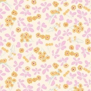 Cute ditsy daisy leafy floral in lilac and mustard 