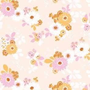 
Warm boho floral pattern with sunflowers in lilac, mustard and nude