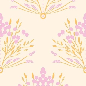 Delicate hand-drawn wheat floral in lilac pink and mustard