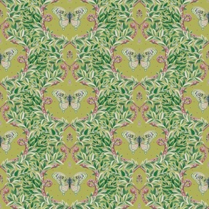 Quirky damask of luna moths, snakes and insects - olive green and pink - small.