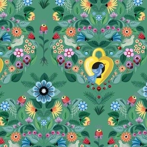 Dainty print of cute birds and birdhouse amid colorful floral vines and plants for wall paper - small repeat.