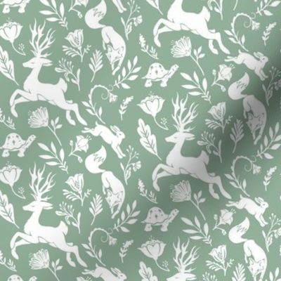 Fables // White Stag, Fox, Tortoise & Hare // Moss Green & White // Small 