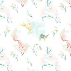 Fables Watercolor // White Stag, Fox, Tortoise & Hare on White // Wildflowers // Small 