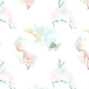 Fables Watercolor // White Stag, Fox, Tortoise & Hare on White //  Small 