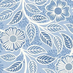 33 Soft Spring- Victorian Floral- Off White on Sky Blue- Climbing Vine with Flowers- Petal Signature Solids- Soft Pastel Blue- Baby Blue- Natural- William Morris Wallpaper- Extra Large