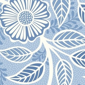 33 Soft Spring- Victorian Floral- Off White on Sky Blue- Climbing Vine with Flowers- Petal Signature Solids- Soft Pastel Blue- Baby Blue- Natural- William Morris Wallpaper- Large