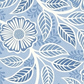 33 Soft Spring- Victorian Floral- Off White on Sky Blue- Climbing Vine with Flowers- Petal Signature Solids- Soft Pastel Blue- Baby Blue- Natural- William Morris Wallpaper- Medium