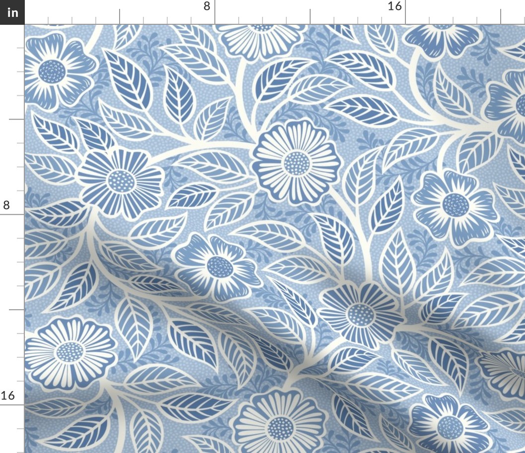 33 Soft Spring- Victorian Floral- Off White on Sky Blue- Climbing Vine with Flowers- Petal Signature Solids- Soft Pastel Blue- Baby Blue- Natural- William Morris Wallpaper- Medium