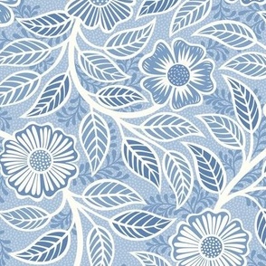 33 Soft Spring- Victorian Floral- Off White on Sky Blue- Climbing Vine with Flowers- Petal Signature Solids- Soft Pastel Blue- Baby Blue- Natural- William Morris Wallpaper- Small
