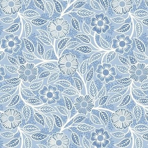 33 Soft Spring- Victorian Floral- Off White on Sky Blue- Climbing Vine with Flowers- Petal Signature Solids- Soft Pastel Blue- Baby Blue- Natural- William Morris Wallpaper- Mini