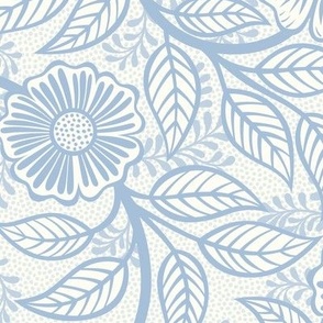 33 Soft Spring- Victorian Floral- Sky Blue  on Off White- Climbing Vine with Flowers- Petal Signature Solids- Soft Pastel Blue- Baby Blue- Natural- William Morris Wallpaper- Medium