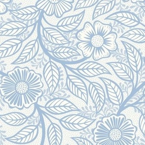 33 Soft Spring- Victorian Floral- Sky Blue  on Off White- Climbing Vine with Flowers- Petal Signature Solids- Soft Pastel Blue- Baby Blue- Natural- William Morris Wallpaper- Small