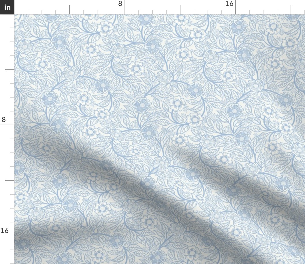 33 Soft Spring- Victorian Floral- Sky Blue  on Off White- Climbing Vine with Flowers- Petal Signature Solids- Soft Pastel Blue- Baby Blue- Natural- William Morris Wallpaper- Mini