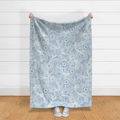 34 Soft Spring- Victorian Floral- Off White on Fog Blue- Climbing Vine with Flowers- Petal Signature Solids- Soft Pastel Blue- Baby Blue- Natural- William Morris Wallpaper- Extra Large