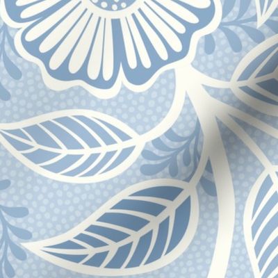 34 Soft Spring- Victorian Floral- Off White on Fog Blue- Climbing Vine with Flowers- Petal Signature Solids- Soft Pastel Blue- Baby Blue- Natural- William Morris Wallpaper- Extra Large