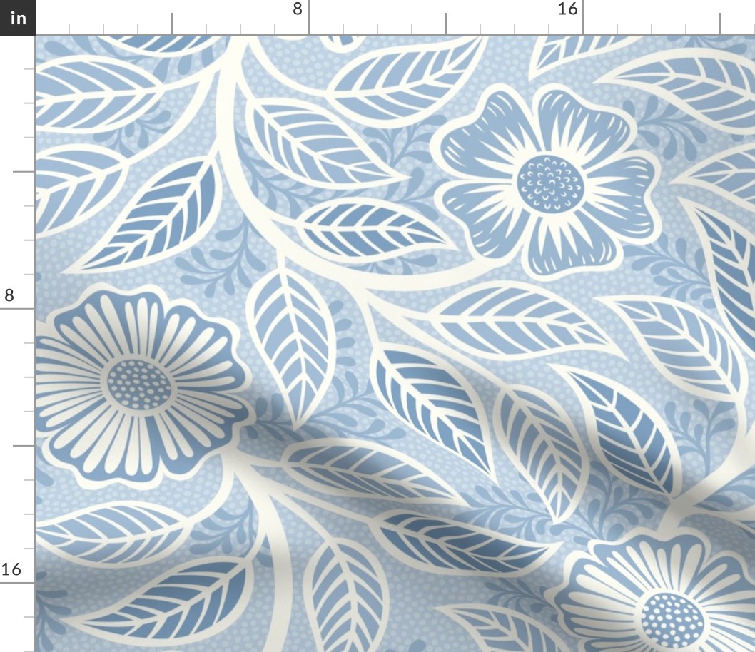 34 Soft Spring- Victorian Floral- Off White on Fog Blue- Climbing Vine with Flowers- Petal Signature Solids- Soft Pastel Blue- Baby Blue- Natural- William Morris Wallpaper- Extra Large