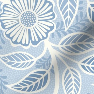 34 Soft Spring- Victorian Floral- Off White on Fog Blue- Climbing Vine with Flowers- Petal Signature Solids- Soft Pastel Blue- Baby Blue- Natural- William Morris Wallpaper- Large