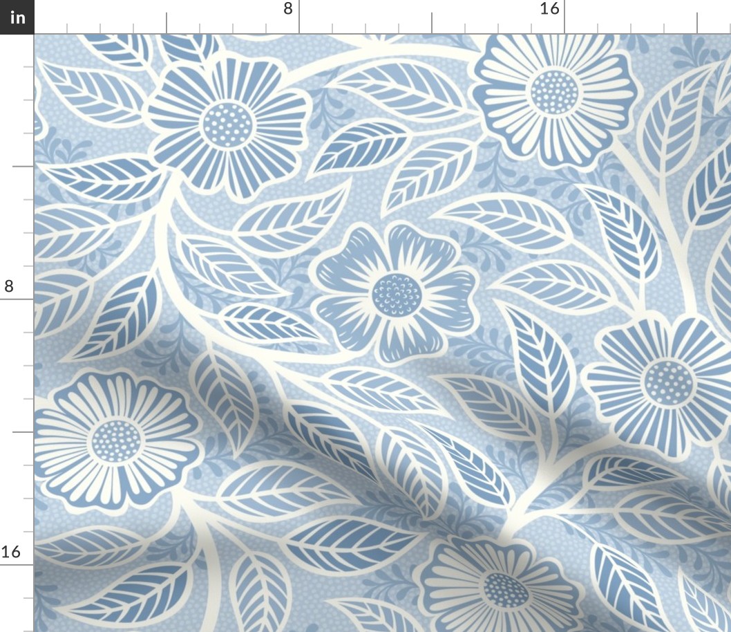 34 Soft Spring- Victorian Floral- Off White on Fog Blue- Climbing Vine with Flowers- Petal Signature Solids- Soft Pastel Blue- Baby Blue- Natural- William Morris Wallpaper- Large