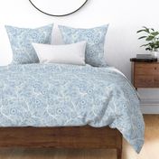 34 Soft Spring- Victorian Floral- Off White on Fog Blue- Climbing Vine with Flowers- Petal Signature Solids- Soft Pastel Blue- Baby Blue- Natural- William Morris Wallpaper- Medium
