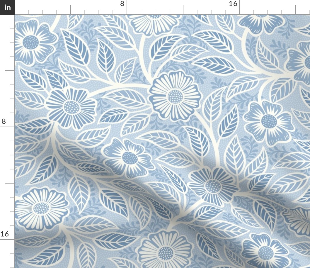 34 Soft Spring- Victorian Floral- Off White on Fog Blue- Climbing Vine with Flowers- Petal Signature Solids- Soft Pastel Blue- Baby Blue- Natural- William Morris Wallpaper- Medium