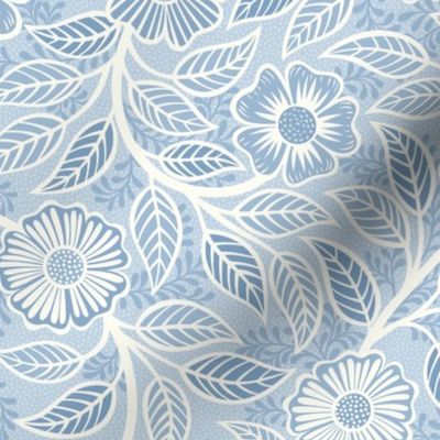 34 Soft Spring- Victorian Floral- Off White on Fog Blue- Climbing Vine with Flowers- Petal Signature Solids- Soft Pastel Blue- Baby Blue- Natural- William Morris Wallpaper- Small