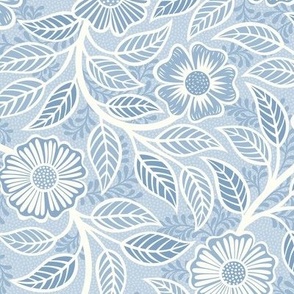 34 Soft Spring- Victorian Floral- Off White on Fog Blue- Climbing Vine with Flowers- Petal Signature Solids- Soft Pastel Blue- Baby Blue- Natural- William Morris Wallpaper- Small