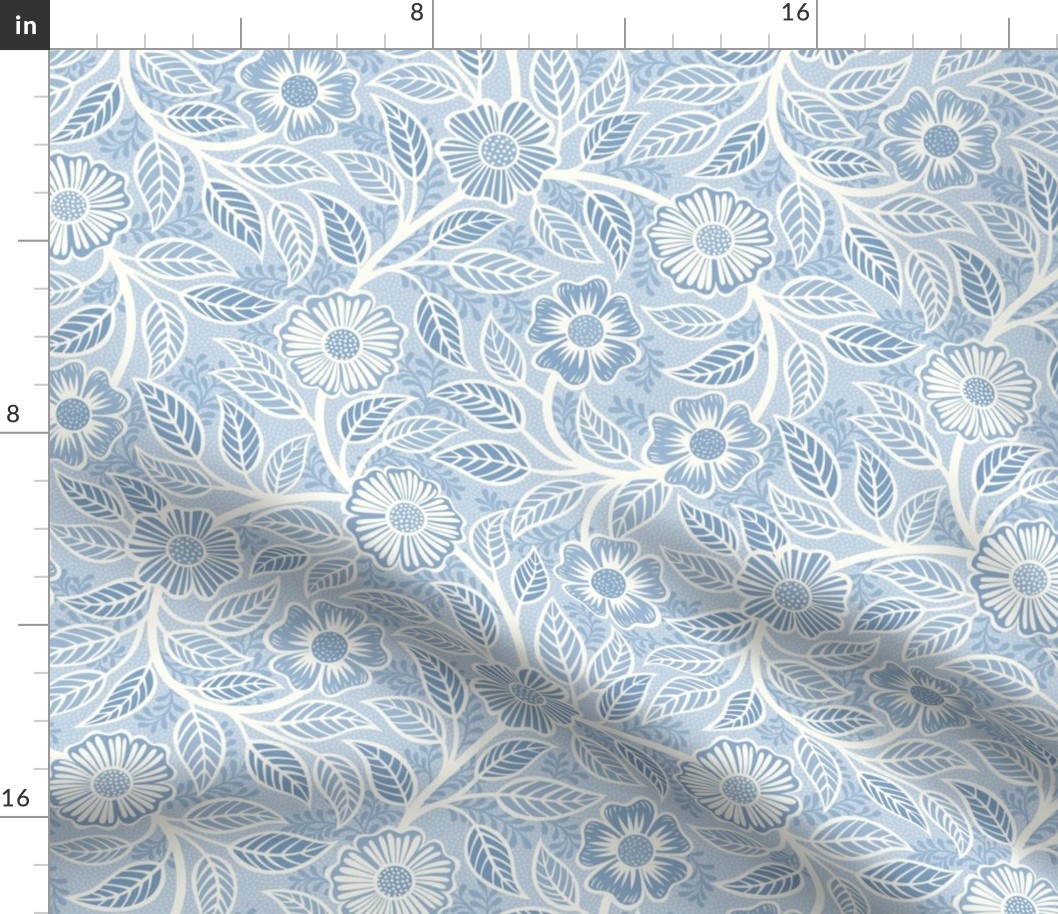 34 Soft Spring- Victorian Floral- Off White on Fog Blue- Climbing Vine with Flowers- Petal Signature Solids- Soft Pastel Blue- Baby Blue- Natural- William Morris Wallpaper- Small