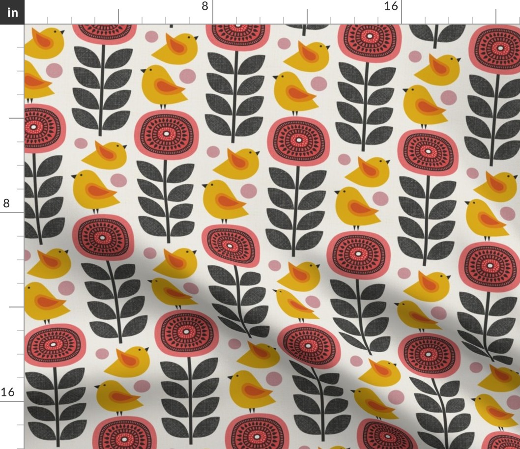 retro flowers and birds - yellow + coral (small scale)