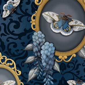 Blue Moth in Gold Frame Damask - Large