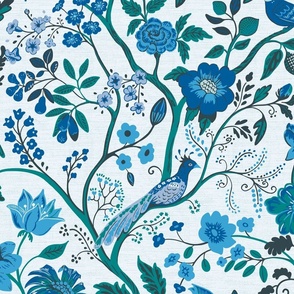 Exotic Chinoiserie in Pantone Ultra-Steady saturated shades of blue and teal on pale blue