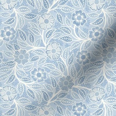 34 Soft Spring- Victorian Floral- Off White on Fog Blue- Climbing Vine with Flowers- Petal Signature Solids- Soft Pastel Blue- Baby Blue- Natural- William Morris Wallpaper- Mini