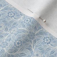 34 Soft Spring- Victorian Floral- Off White on Fog Blue- Climbing Vine with Flowers- Petal Signature Solids- Soft Pastel Blue- Baby Blue- Natural- William Morris Wallpaper- Micro